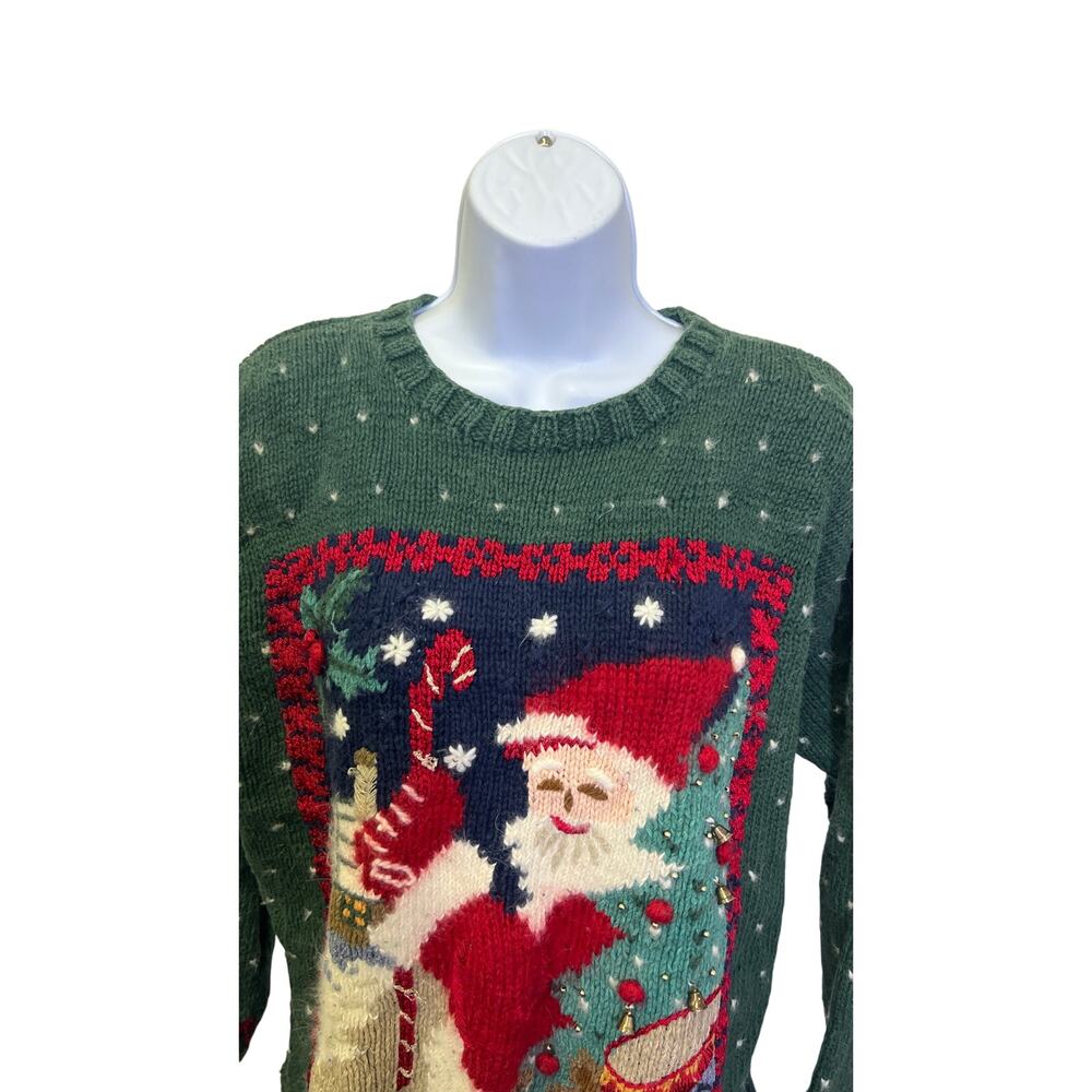 🎅VTG Lord & Taylor Handknit Santa Sweater Women’s S Green Holiday Cozy Knit Top - Picture 2 of 4